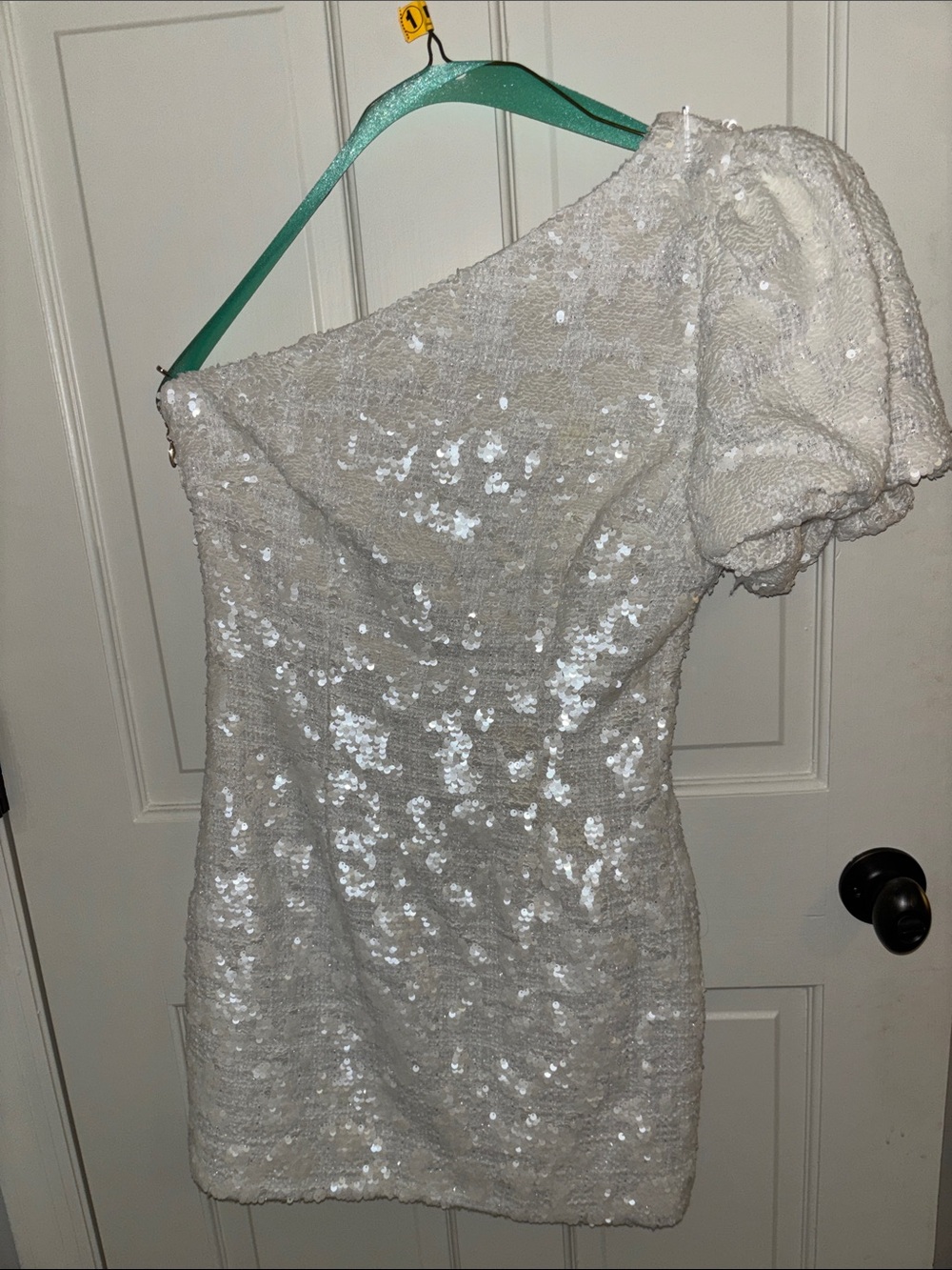 Elliatt White One-Shoulder Sequin Puff-Sleeve Mini Dress
